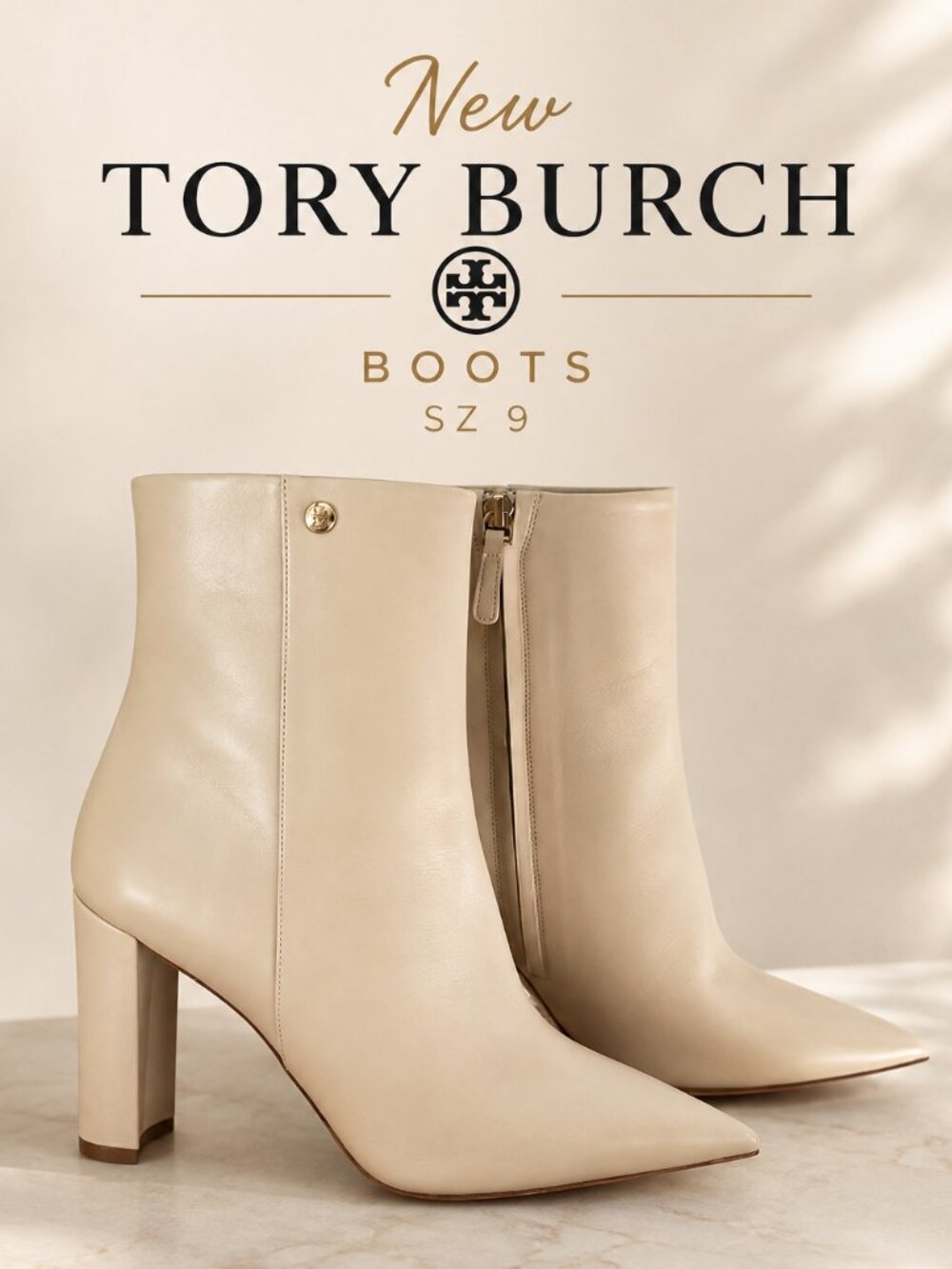$795 NEW Tory Burch Beige Cream Nude Pointy Toe Booties Boots Size 9 Heel